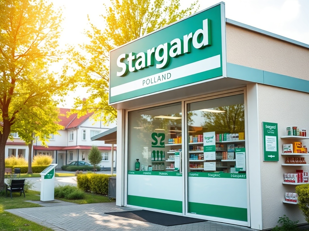 Mapa Stargardu z ikonami pyłków i deszczu, symbolizująca kalendarz pyleń i prognozę pogody