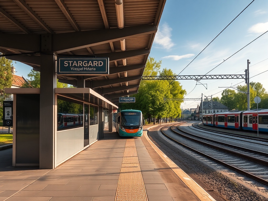 Pociąg na torach w Stargardzie, symbolizujący podróże nad morze i wydarzenia sportowe